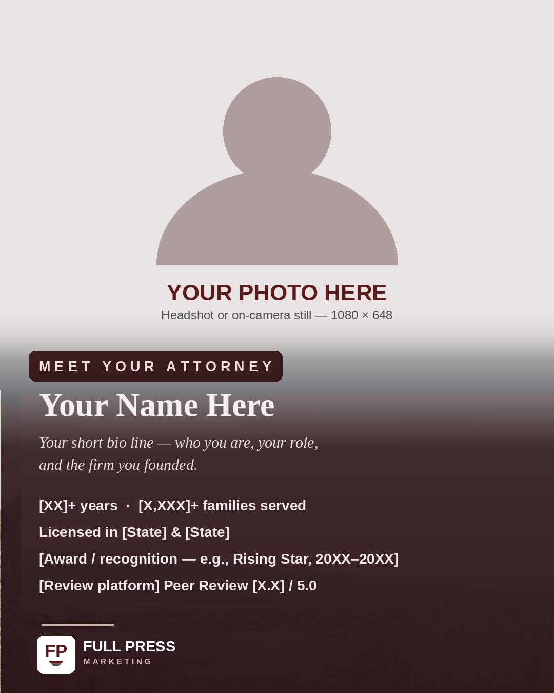 Client explainer series, slide 8 of 9: Meet your attorney — template slide.