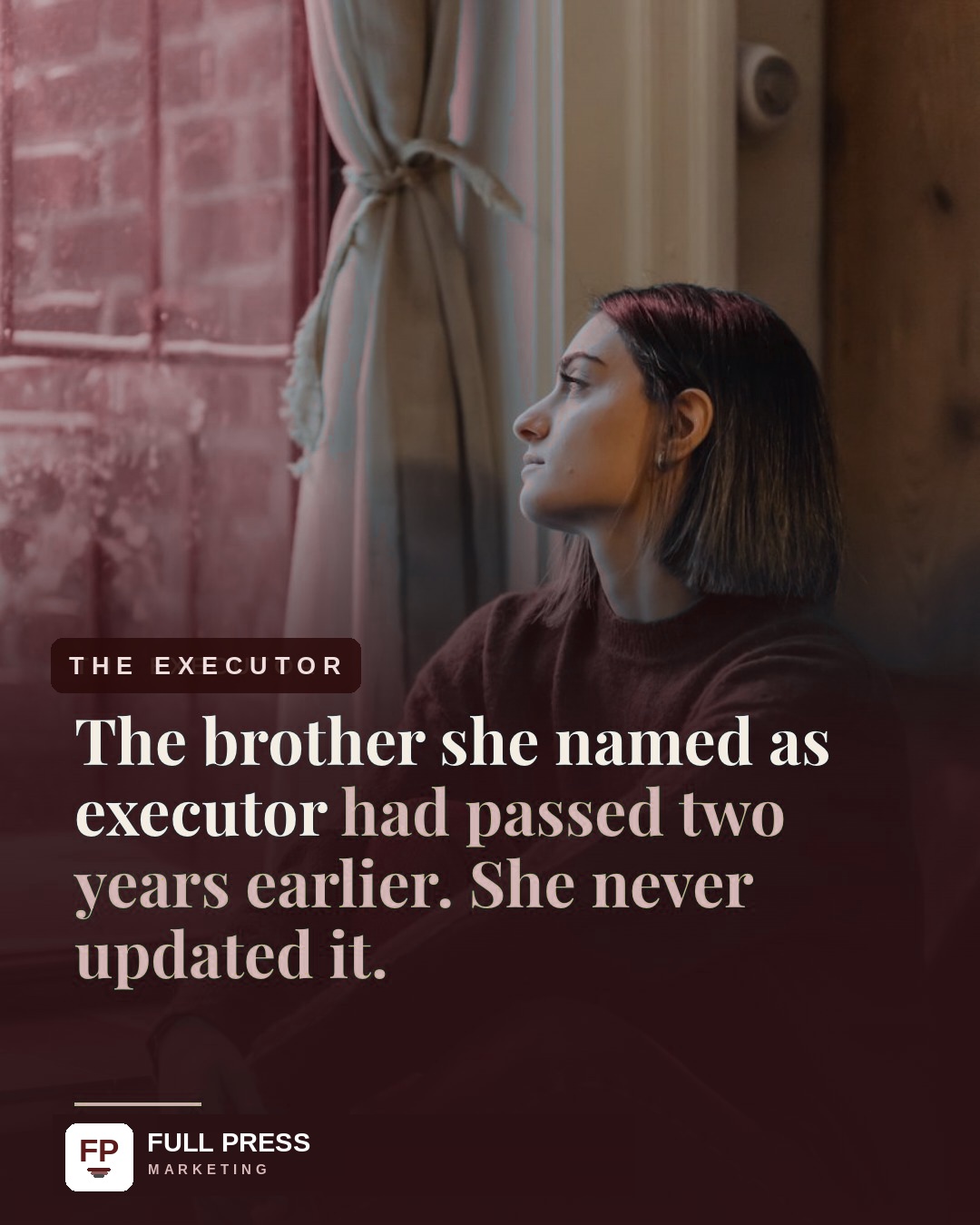 Client carousel 'Linda', slide 5 of 7: The executor — the brother she named had died.