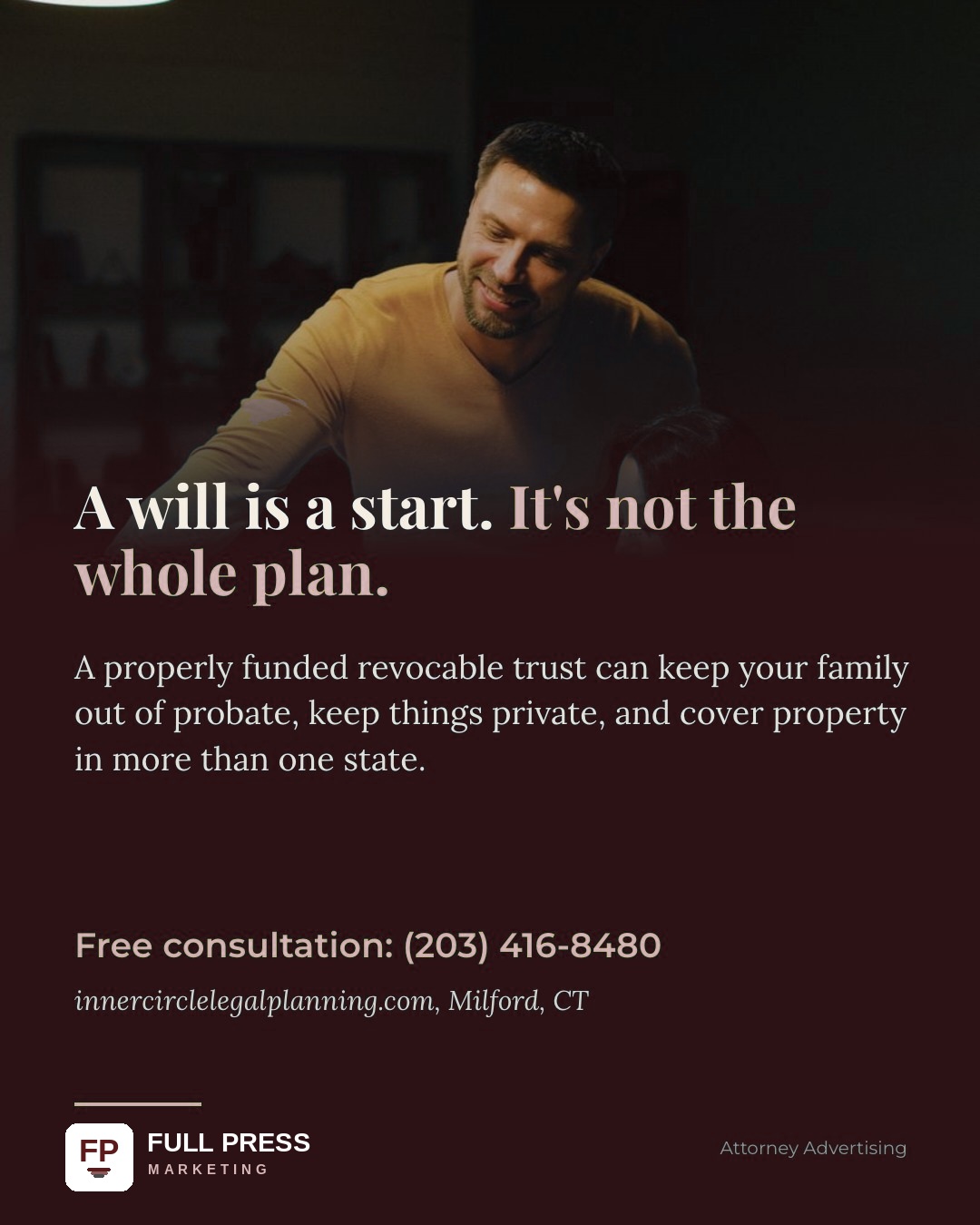 Client carousel 'Linda', slide 7 of 7: A will is a start. It's not the whole plan.