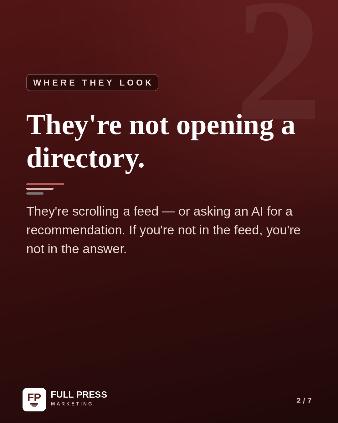 Sample carousel slide 2 of 7: Where they look — they're not opening a directory. They're scrolling a feed, or asking an AI for a recommendation.