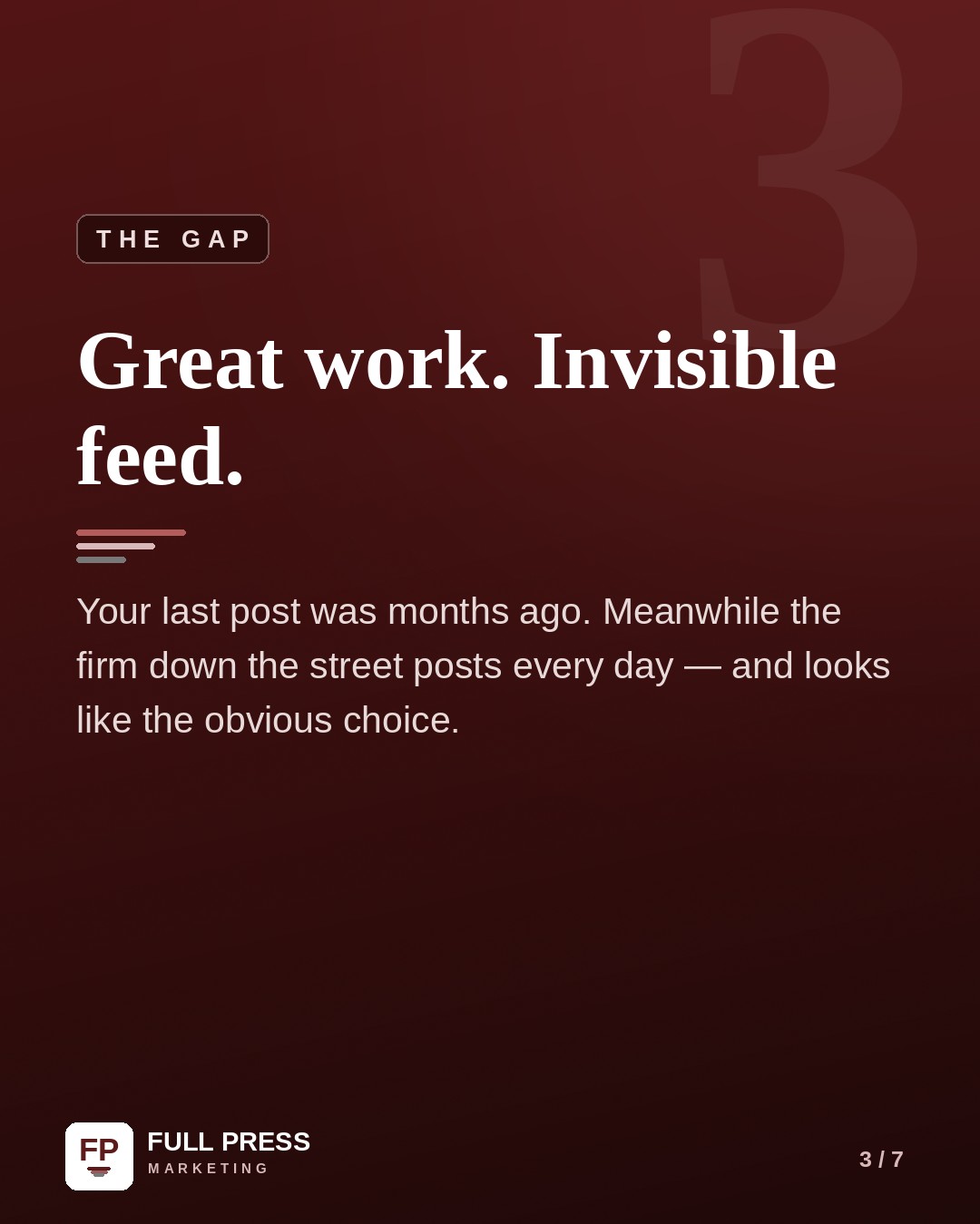 Sample carousel slide 3 of 7: The gap — great work, invisible feed.