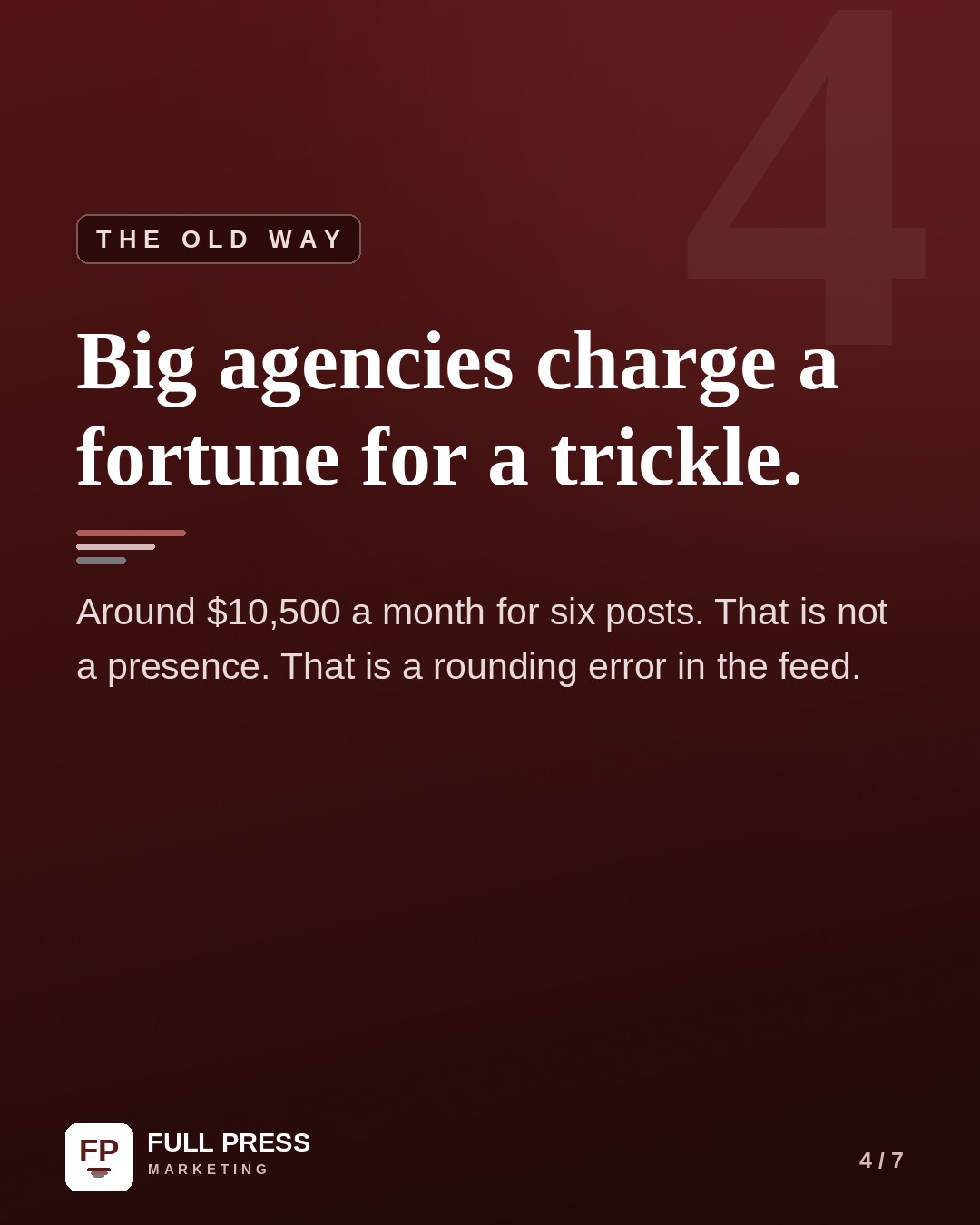 Sample carousel slide 4 of 7: The old way — big agencies charge a fortune for a trickle.